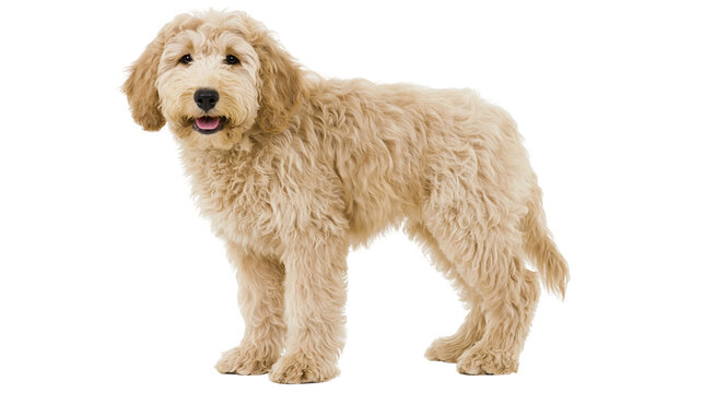 Fluffy golden doodle dog standing on white