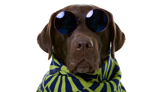 Chocolate Labrador dog wearing round sunglasses and scarf