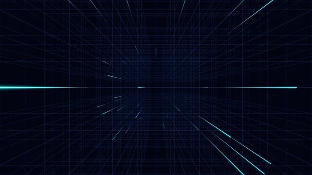 Digital grid coordinate system with cyan light streaks zooming through 3D cyberspace for high speed data transfer network background.