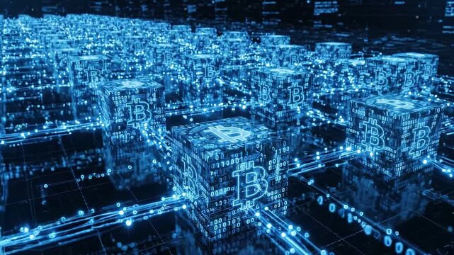 Digital representation of interconnected blockchain cubes with glowing blue lines and binary code, illustrating the progression of cryptocurrency technology in a futuristic environment