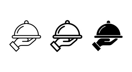 Fototapeta premium Restaurant Service Icons: Hand Holding Food Cloche, Outline, Silhouette, Black and White