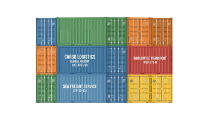 Fototapeta premium Colorful Stacked Shipping Containers On A White Background