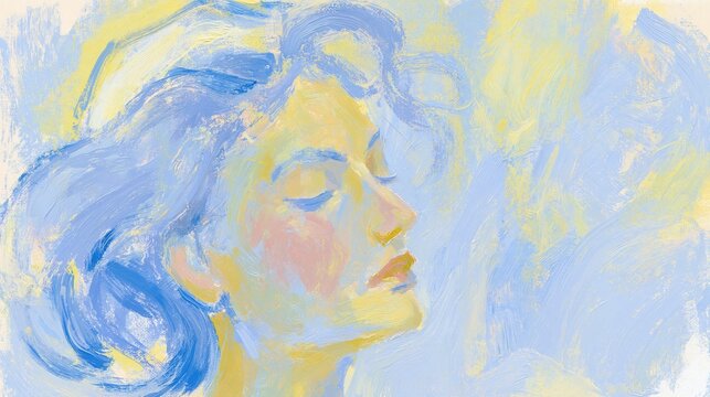 Serene mindfulness portrait of a woman with closed eyes in soft pastel blues and yellows