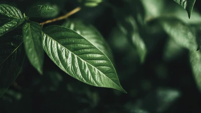 A detailed view of a green plant leaf with a focus on its natural texture and patterns.