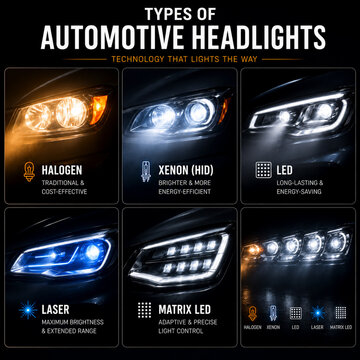Infografik zu verschiedenen Arten moderner Autoscheinwerfer: Halogen, Xenon, LED, Laserlicht und Matrix-LED. Vergleich von Lichttechnik, Reichweite, Effizienz und Fahrzeugbeleuchtung.