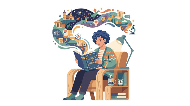 Young Person Reading Book With Magical Imagination Elements On White Background