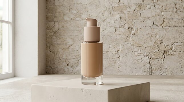Bottle of liquid foundation makeup on a pedestal in natural light
