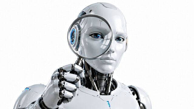 Humanoid Robot Using Magnifying Glass on White Isolated Background