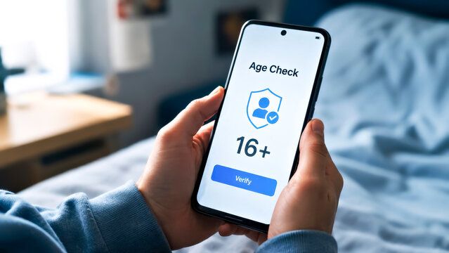 Hands Holding a Smartphone,  Pop-Up Age Verification Window with Text is Displayed on Screen