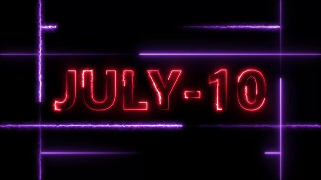 July 10 neon bright calendar date red color animation Futuristic Schedule Concept. Neon bright 10 July date text red color animation. Suitable for event promotion, important.