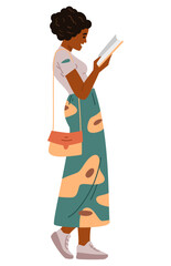 African American woman standing reading a book flat vector illustration isolated on white.