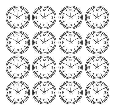 Una cuadr&iacute;cula de diecis&eacute;is relojes anal&oacute;gicos minimalistas id&eacute;nticos