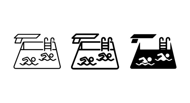 Swimming Pool Icons, Diving Board & Swimmers, Water Recreation Vector Set