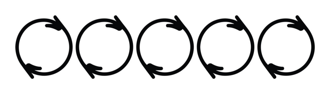 Una fila de cinco flechas circulares negras de actualizar o recargar sobre fondo blanco