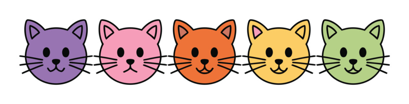 Una fila de cinco caras de gatos de dibujos animados coloridas en tonos pastel y brillantes