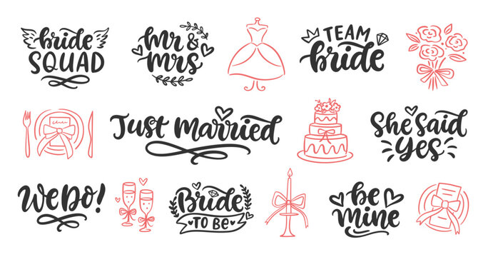 Wedding vector lettering and icon set bride quotes