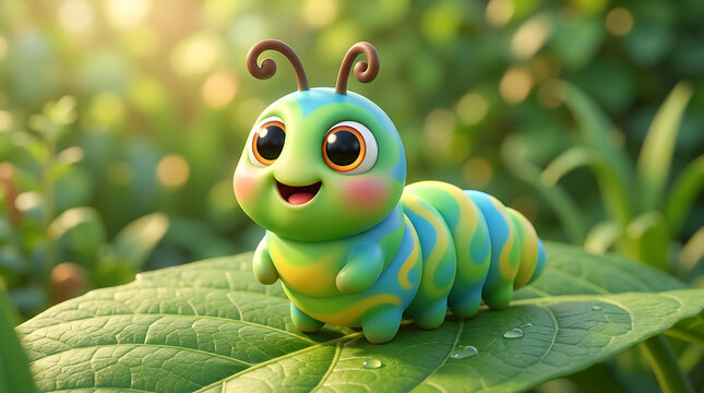 Adorable Cartoon Caterpillar Resting Joyfully on a Vibrant Green Leaf in Nature