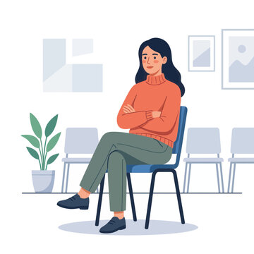 Woman waiting patiently in a modern office or clinic waiting room, seated with arms crossed.