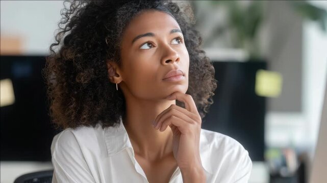 A woman sitting at a desk with one hand on her chin and the other resting on her elbow, indicating she's contemplating or considering something. She appears focused and thoughtful.