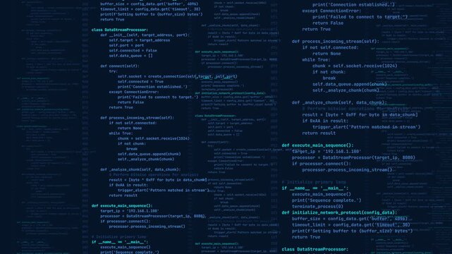 Source code snippets scrolling vertically with blue syntax highlighting on dark digital screen background for software development and tech display.