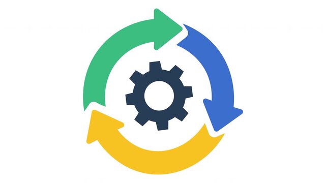 Flat vector animation of a gear cog inside circular arrows, system update, process automation, and workflow cycle concept.