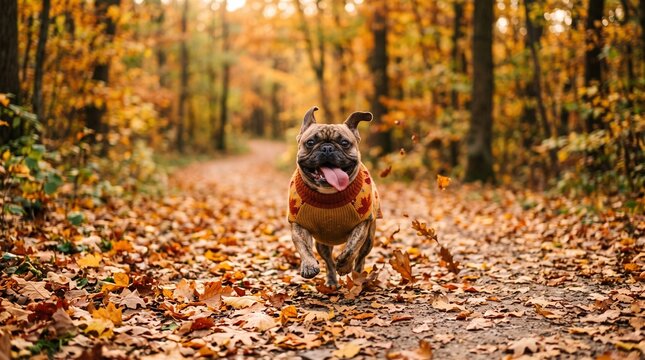 Happy French bulldog wearing a warm sweater running through an autumn forest covered with golden leaves. Cute frenchie wearing cozy knitted dog clothes enjoying a fun walk outdoors in fall season.