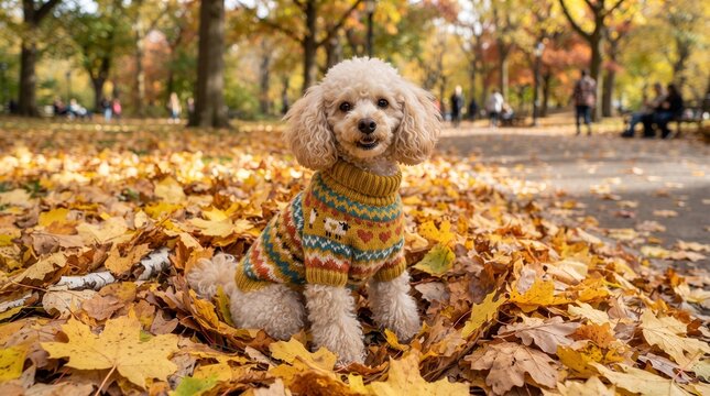 A close-up portrait of a small, cute miniature poodle in a pattern sweater among golden fall foliage. Happy apricot poodle in a warm sweater enjoying the sun on a leaf-covered path in an autumn park.