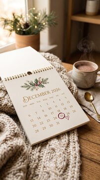 A desk calendar for December 2026 sits by a cozy window. A hot cup of cocoa next to the winter calendar in December. Handwritten notes on the calendar outline goals and plans for the end of the year.