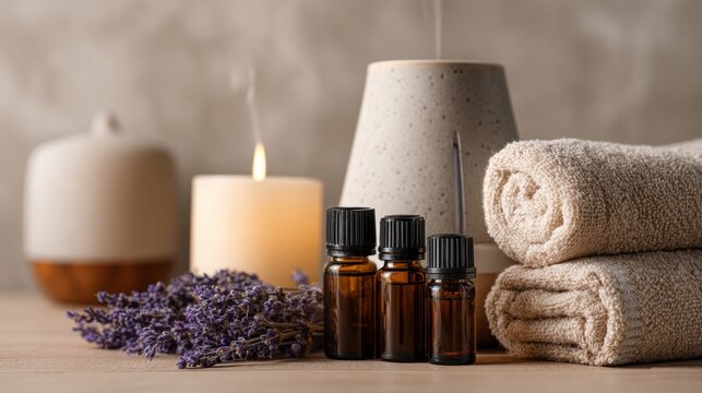 Aromatherapy essentials with lavender, candle, and rolled towels for relaxation