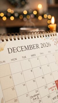 Vertical paper desk calendar indicates the end of the year. The month of December is open with marked dates and plans. The end of 2026 is shown with minimalist decor nearby.