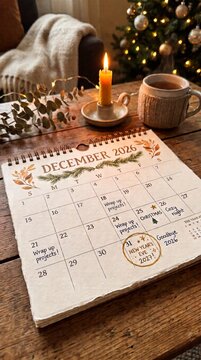 Open December calendar shows marked Christmas holiday date. Desk calendar displays December schedule with marked days off. The 2026 calendar marks the end of the year and the year-end summary 