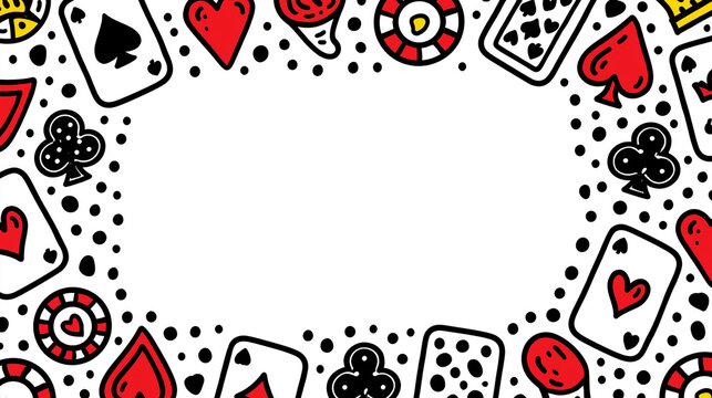 Colorful border with playing cards and casino elements on a white background.