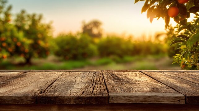Rustic wooden table set against a blurred background of an orange grove at golden hour