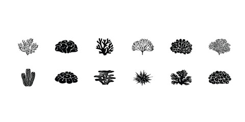 Set of black and white coral reef icons showing various shapes of sea plants and underwater ocean life forms © mahedi