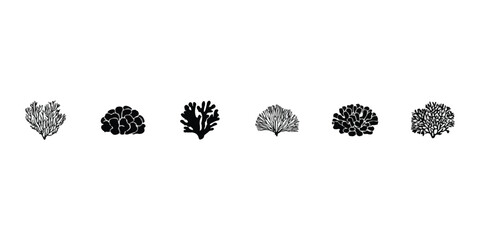 Set of black hand drawn coral reef icons showing various shapes of sea plants and ocean life organisms © mahedi