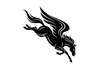 Fototapeta premium Pegasus winged horse black and white vector illustrations featuring head portrait, grazing, and dynamic flying poses