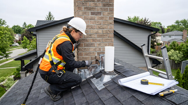 Professional female construction worker in safety gear installing chimney flashing on residential roof.