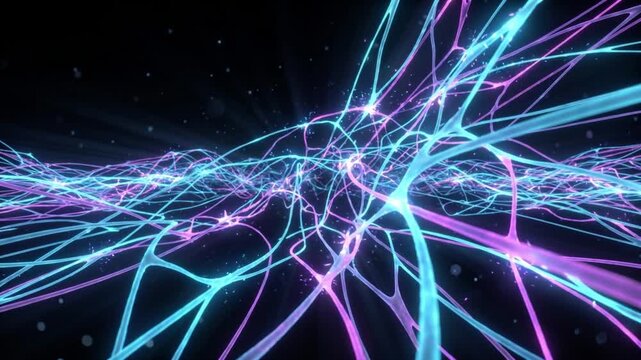 漆黒の宇宙空間でシアンとマゼンタのネットワークメッシュが拡大する抽象的な背景