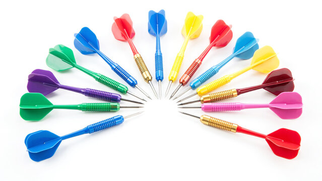 Assorted colorful dart set with various tip designs on white background
