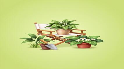 Fototapeta premium Books and potted plants on a wooden shelf and table with home decor, plant pots