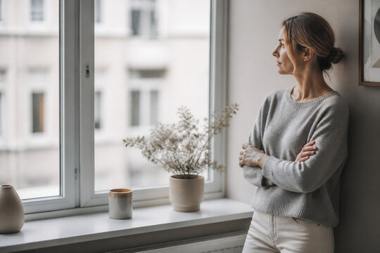 A woman in a grey sweater stands by a large window looking out at a city view.