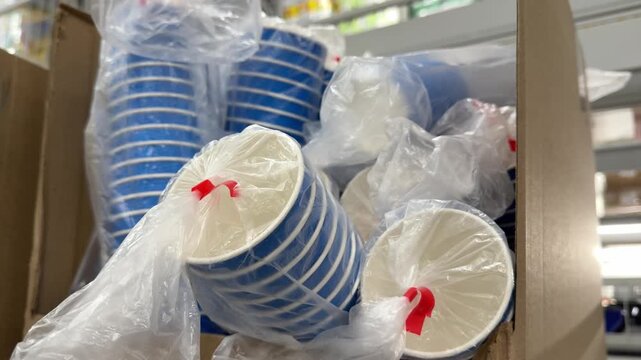 paper dishes Stacks of disposable plastic drinking cups are packed in transparent bags cardboard boxes, neatly arranged for sale large retail store for parties, events and everyday beverage service.