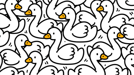 Fototapeta premium A lively collection of cartoon-style white ducks illustrated with orange beaks.