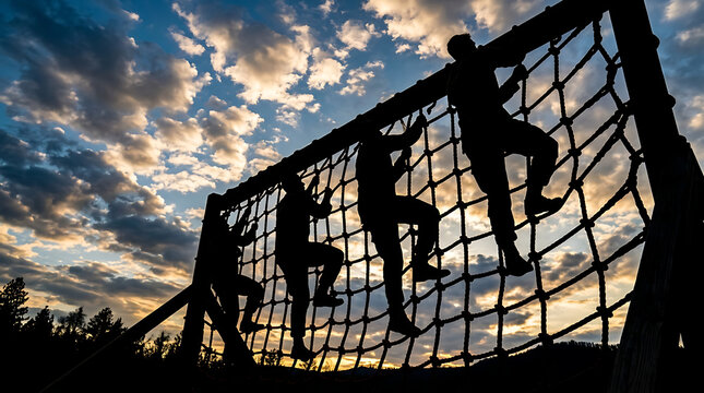 Determined individuals conquer challenging rope net obstacle course at scenic sunset, embodying strength and teamwork, pushing limits