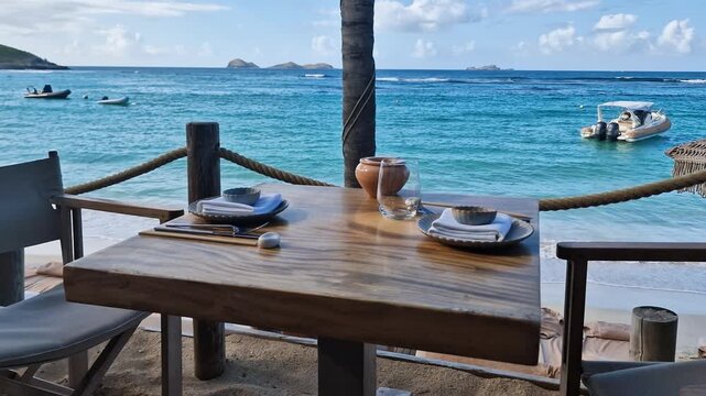 Saint Barthelemy Island and Caribbean Sea. Beachfront Restaurant Table on Exotic Tropical Destination