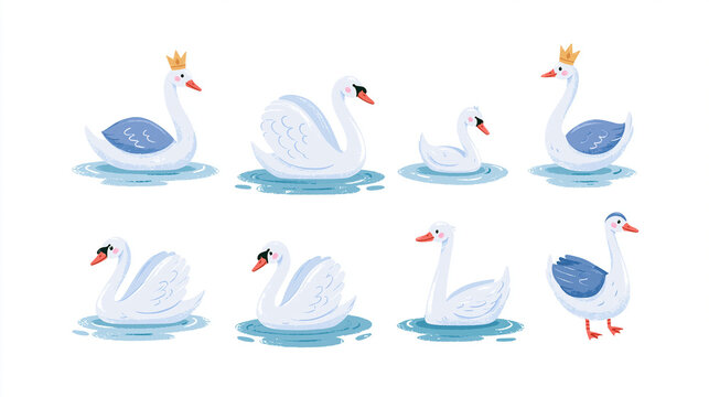 A charming collection of swans, including a crowned swan, on a tranquil blue background.