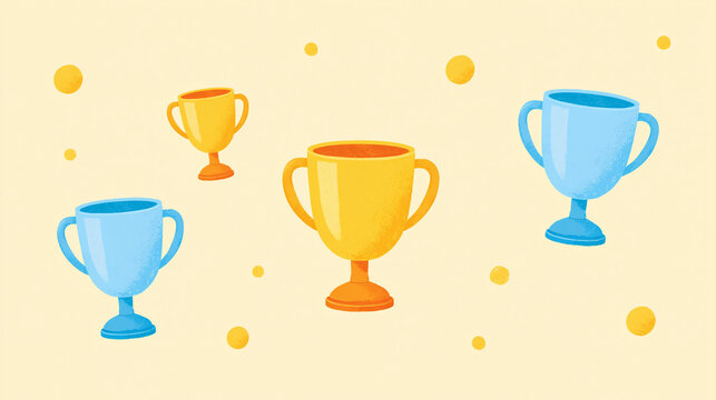 Colorful trophies on a light pastel background, symbolizing achievement and success.