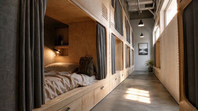 Modern hostel dormitory with private sleeping pods and backpacker amenities