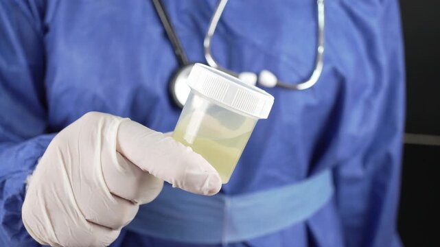 Latex-gloved hand presents a clear plastic urine specimen container filled with yellow fluid against a blue uniform, strong concept for lab analysis or drug testing scenes.