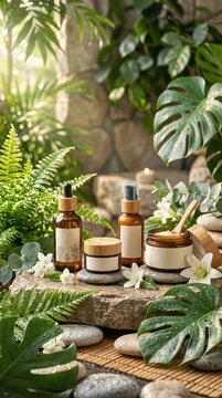 Tranquil spa setup featuring organic skincare items nestled among vibrant foliage and smooth stones